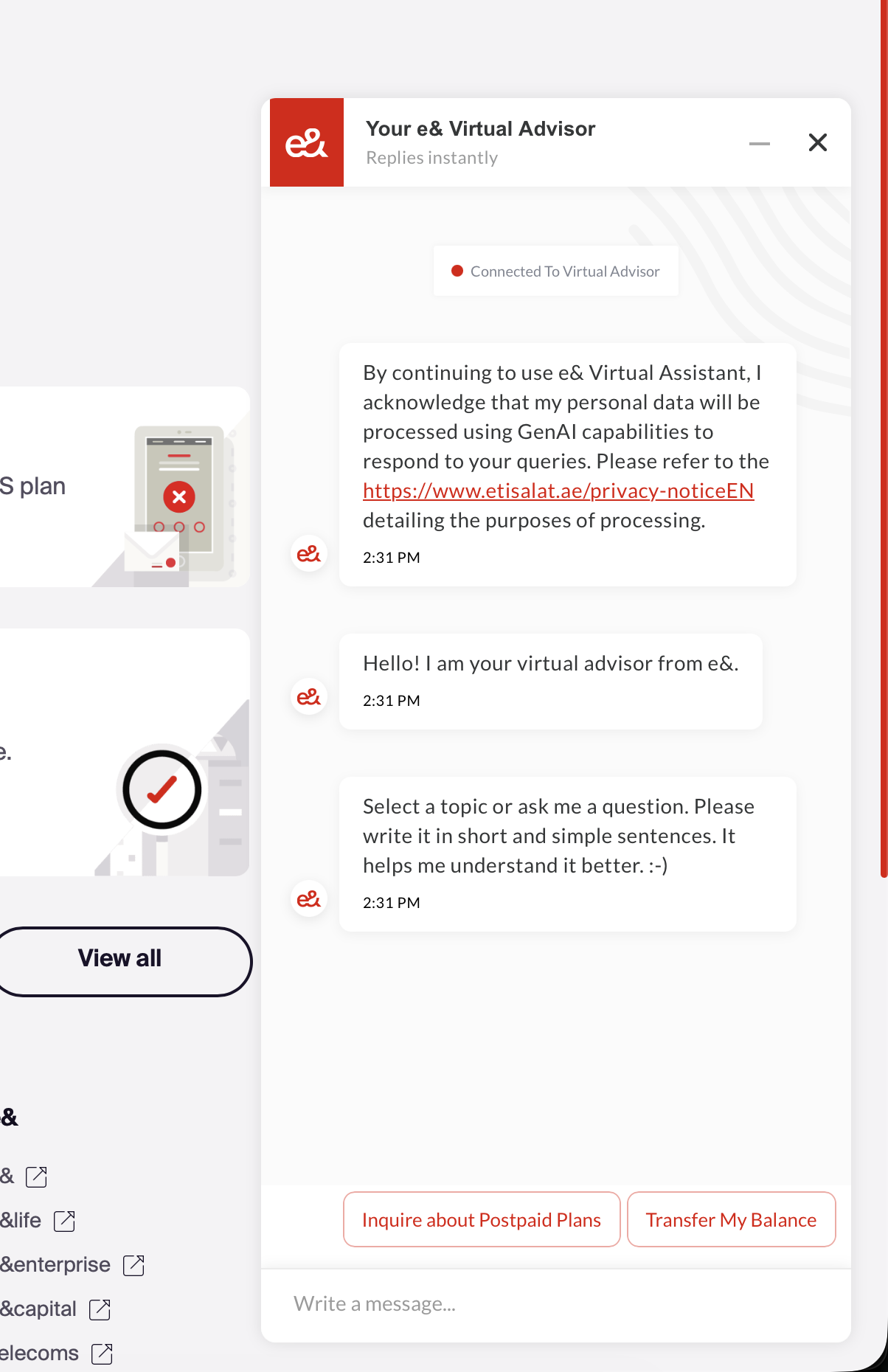 e& AI Chatbot — Virtual Advisor